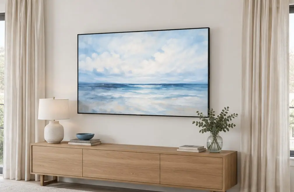 Illustration: an art-style TV hung flush on a pale wall between two linen drapes, showing a soft abstract painting, with a slim oak console below