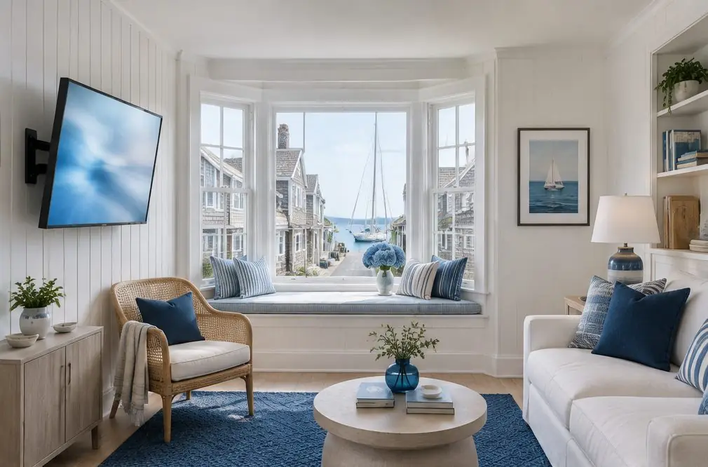 Illustration: a wall-mounted TV in a typical Balboa Island home