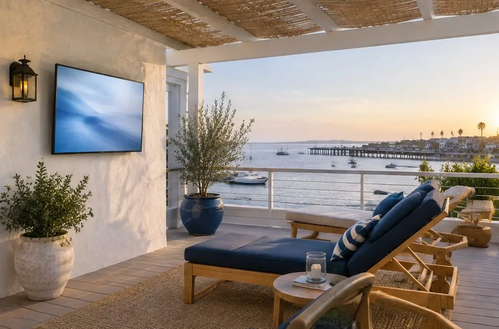 Illustration: a covered rooftop deck on the Balboa Peninsula with an outdoor-rated TV on a stucco wall, teak lounge chairs and the harbor faintly visible