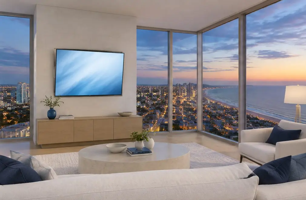 Illustration: a TV on a pale interior wall of a high-rise condo with floor-to-ceiling windows and a city view at dusk