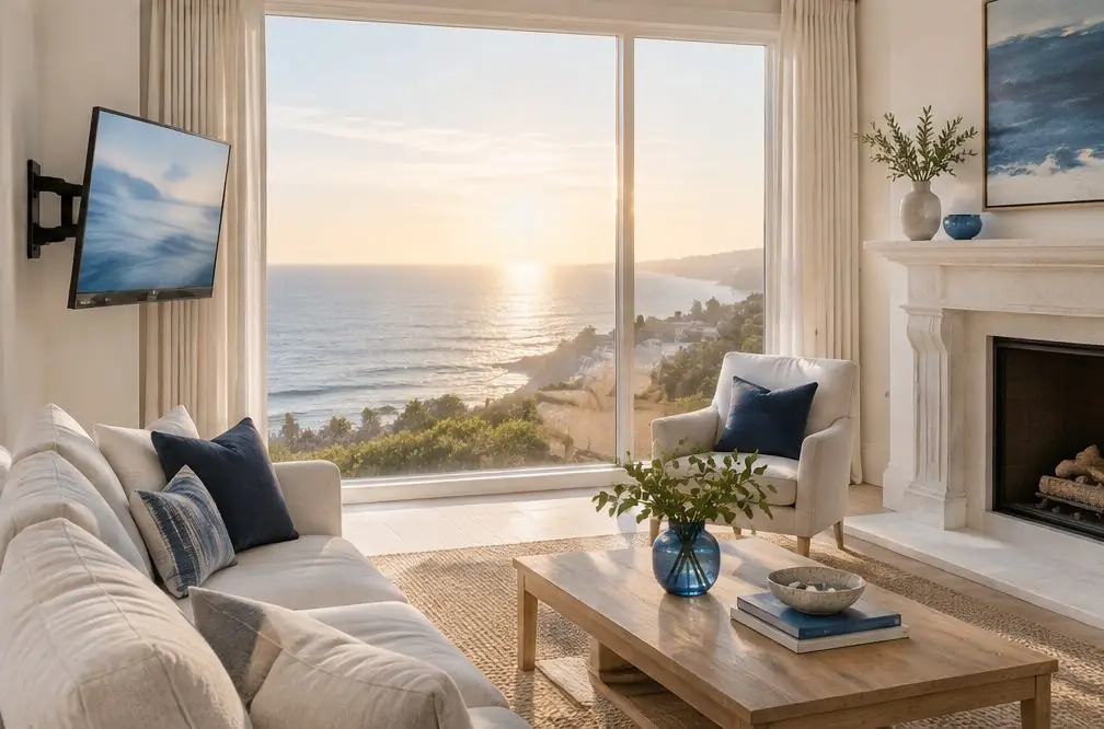 Illustration: a wall-mounted TV in a typical Corona del Mar home