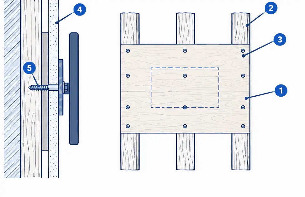 Diagram: side section and front view of a wall frame with a plywood panel fastened across the studs under the drywall, a wall plate with lag bolts into the panel, and a dashed TV outline smaller than the panel