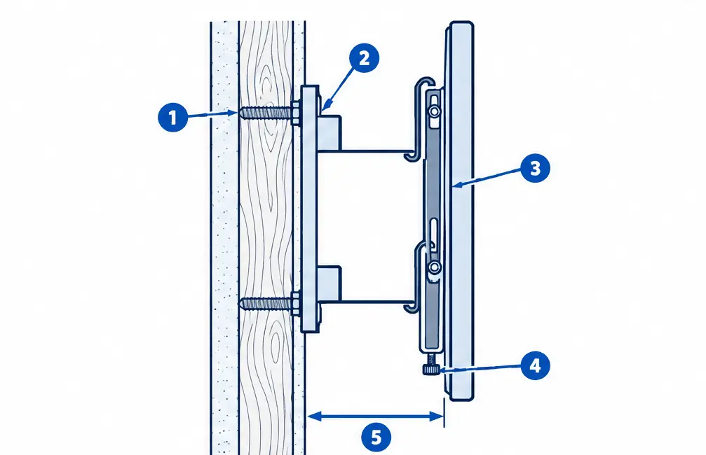 Diagram: side section of a fixed low-profile TV mount lag-bolted into a wood stud
