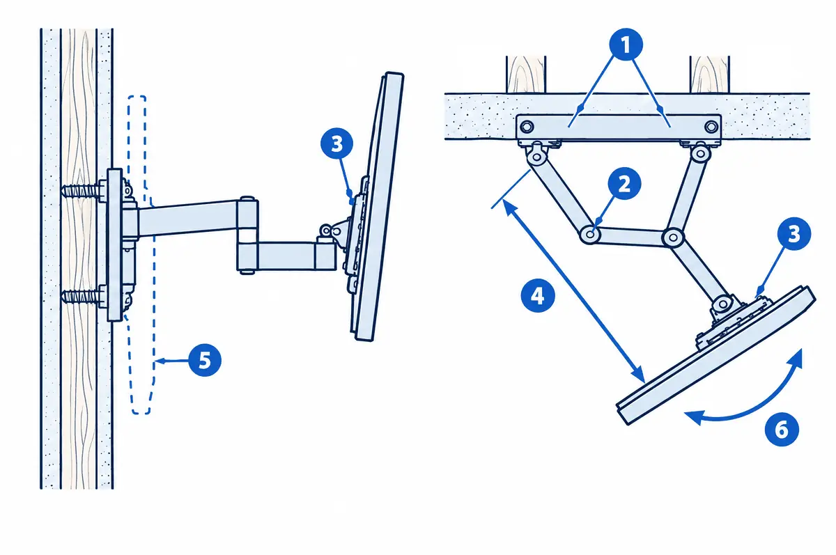 Diagram: side and top views of a full-motion TV arm anchored across two studs