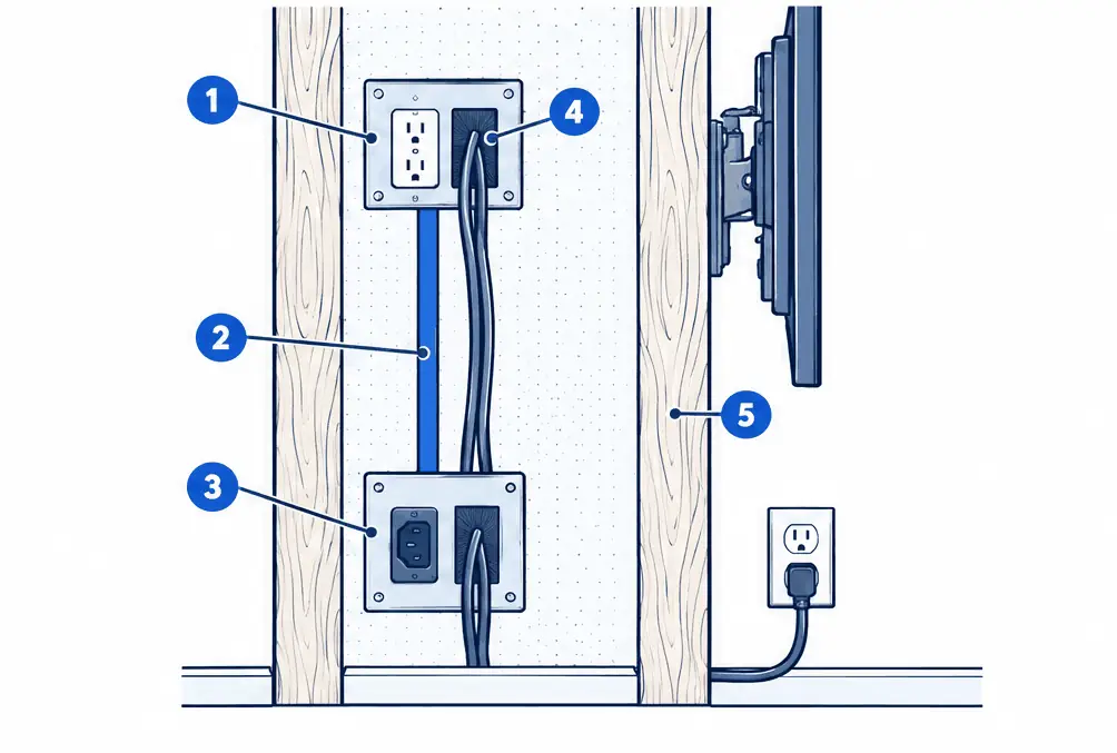 Diagram: side section of a drywall cavity between two studs with an upper recessed box behind a wall-mounted TV, rated in-wall cable, a lower inlet box and a short cord to an existing outlet