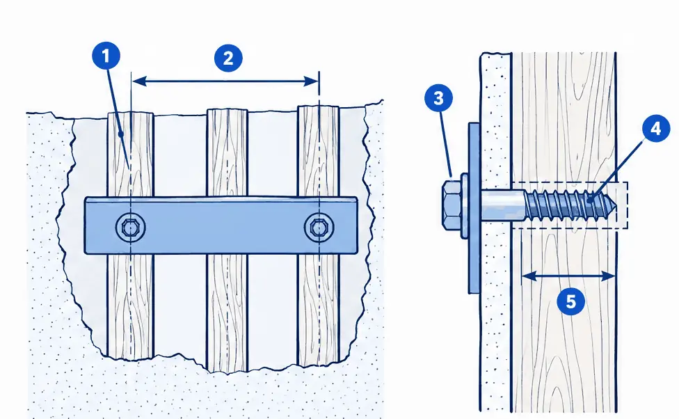 Diagram: front cutaway of a wall plate spanning two wood studs with a lag bolt in each, and an enlarged side section of one bolt biting into the stud