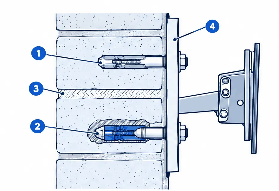 Diagram: side section of a brick or stone wall with a plate held by sleeve anchors set in the body of the brick, one cut away to show the expanded sleeve, and a mortar joint beside