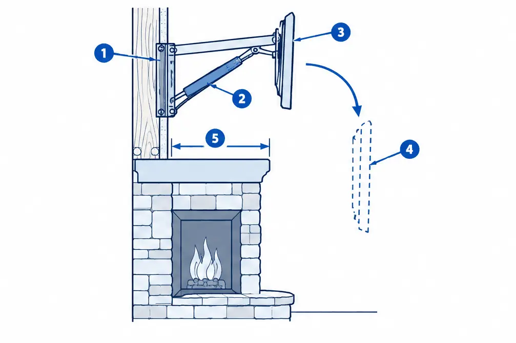 Diagram: side section of a pull-down fireplace mount lowering the TV in front of the mantel