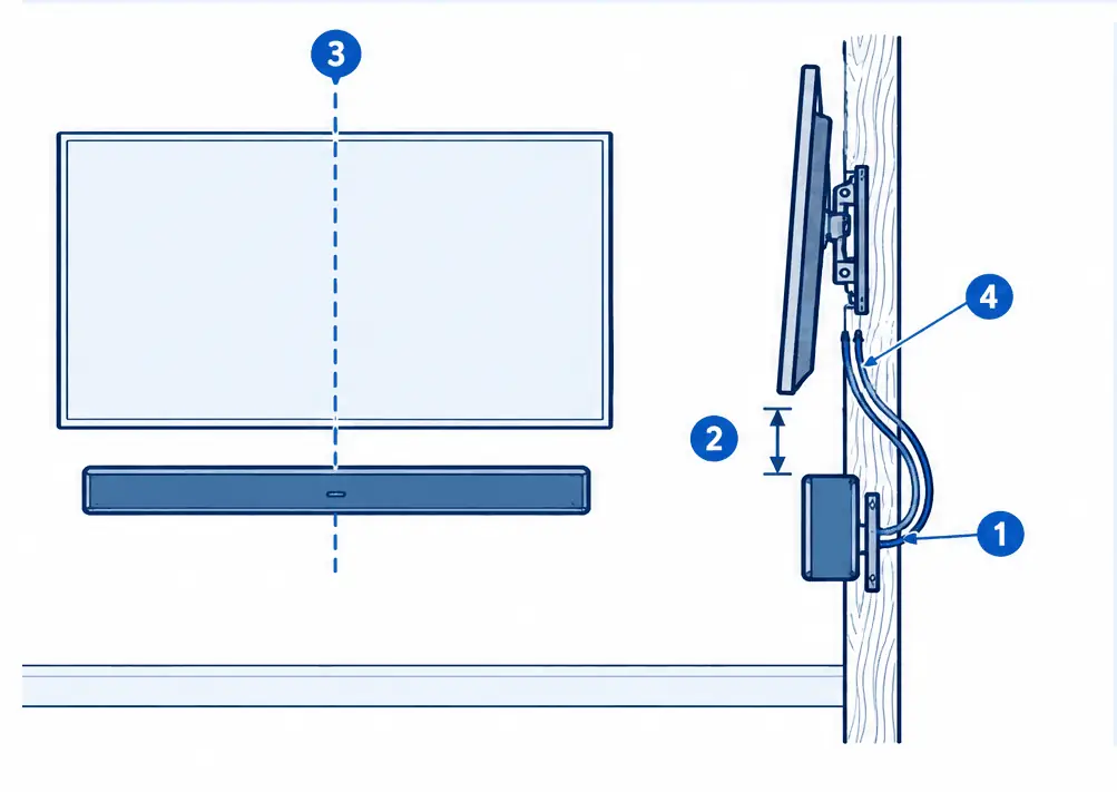 Diagram: front and side views of a wall-mounted TV with a soundbar on its own bracket below it, a gap between them, and short cables tucked behind the bar
