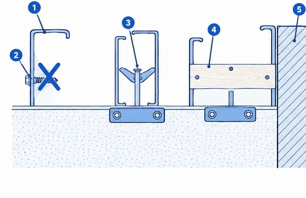 Diagram: top section of a condo steel-stud wall showing a lag bolt that does not hold, a toggle through the stud face and a wood backer board across two studs