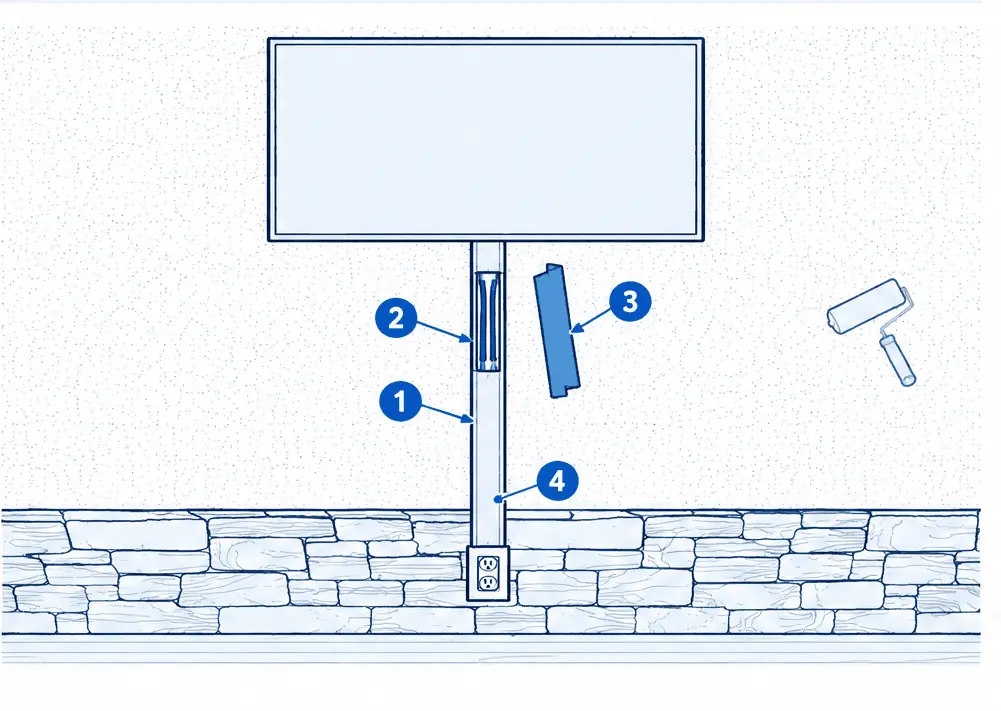 Diagram: front view of a stone or plaster-finish wall with a TV, a slim paintable raceway running straight down from behind the TV to an outlet, and a cutaway of the raceway showing the cables inside