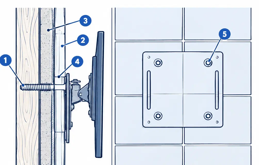 Diagram: side section of a tile wall, a large porcelain tile on mortar over cement backer board on a wood stud, a diamond-cored hole through tile and board, and a lag bolt through a wall plate into the stud, with a front inset of hole positions between the grout lines