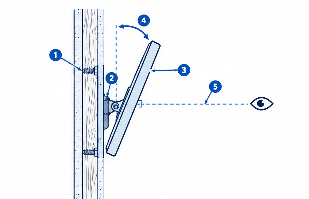 Diagram: side section of a tilting TV mount angling the screen down