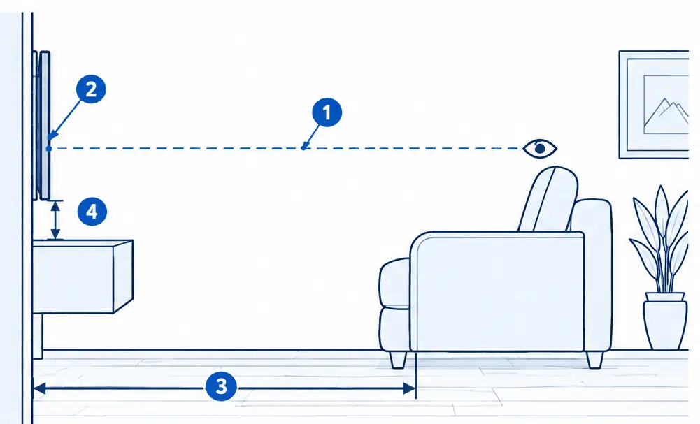Diagram: side view of a living room with a sofa, a seated eye line, a TV on the wall above a floating console with the screen centre near the eye line, and a viewing distance line