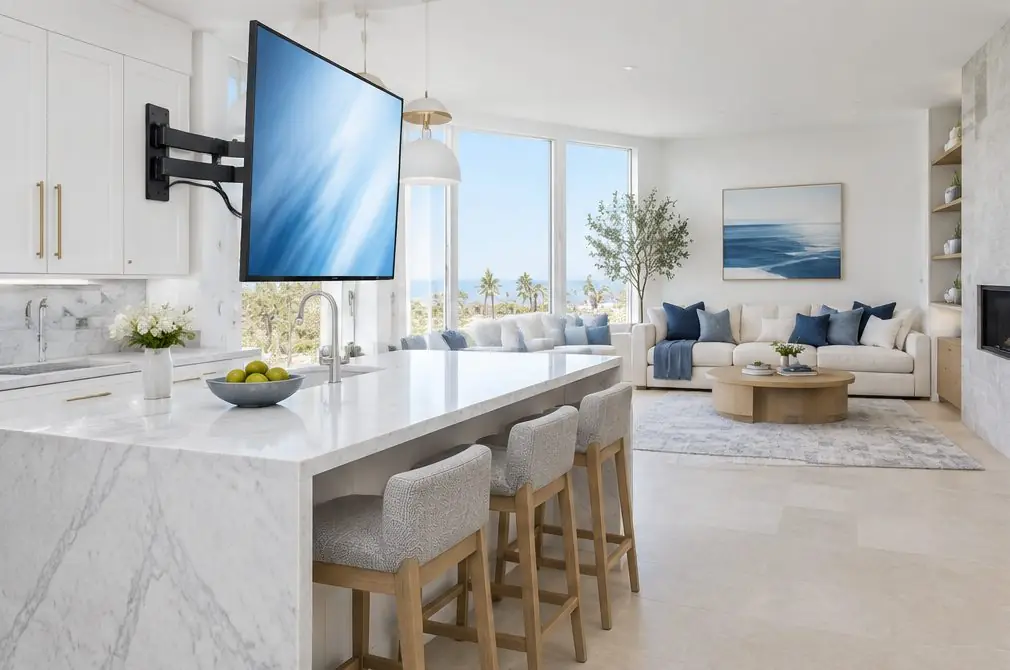 Illustration: a TV on a swing arm turned toward a kitchen island and a dining table in an open Newport Beach plan with white cabinets