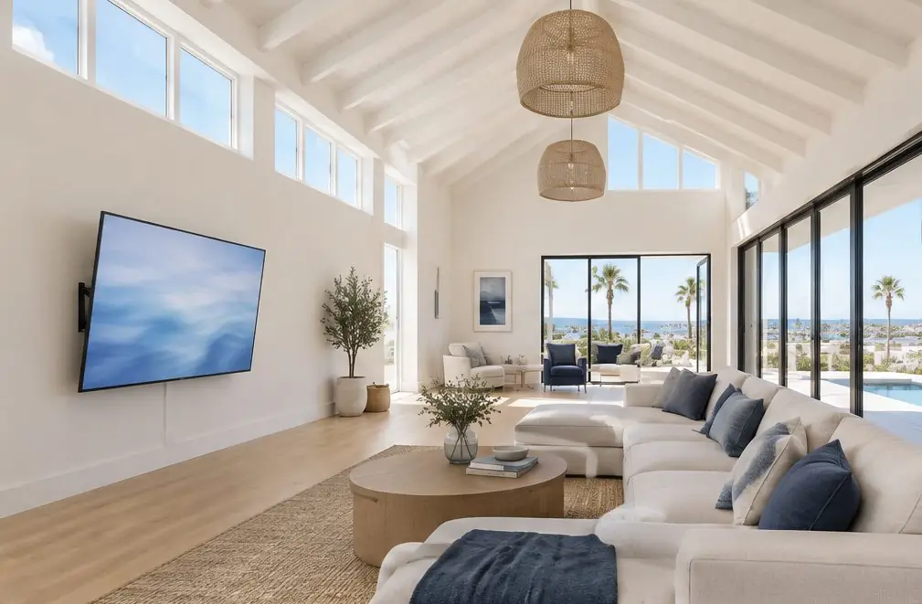 Illustration: a large TV hung low on a pale wall in a tall great room with a vaulted ceiling