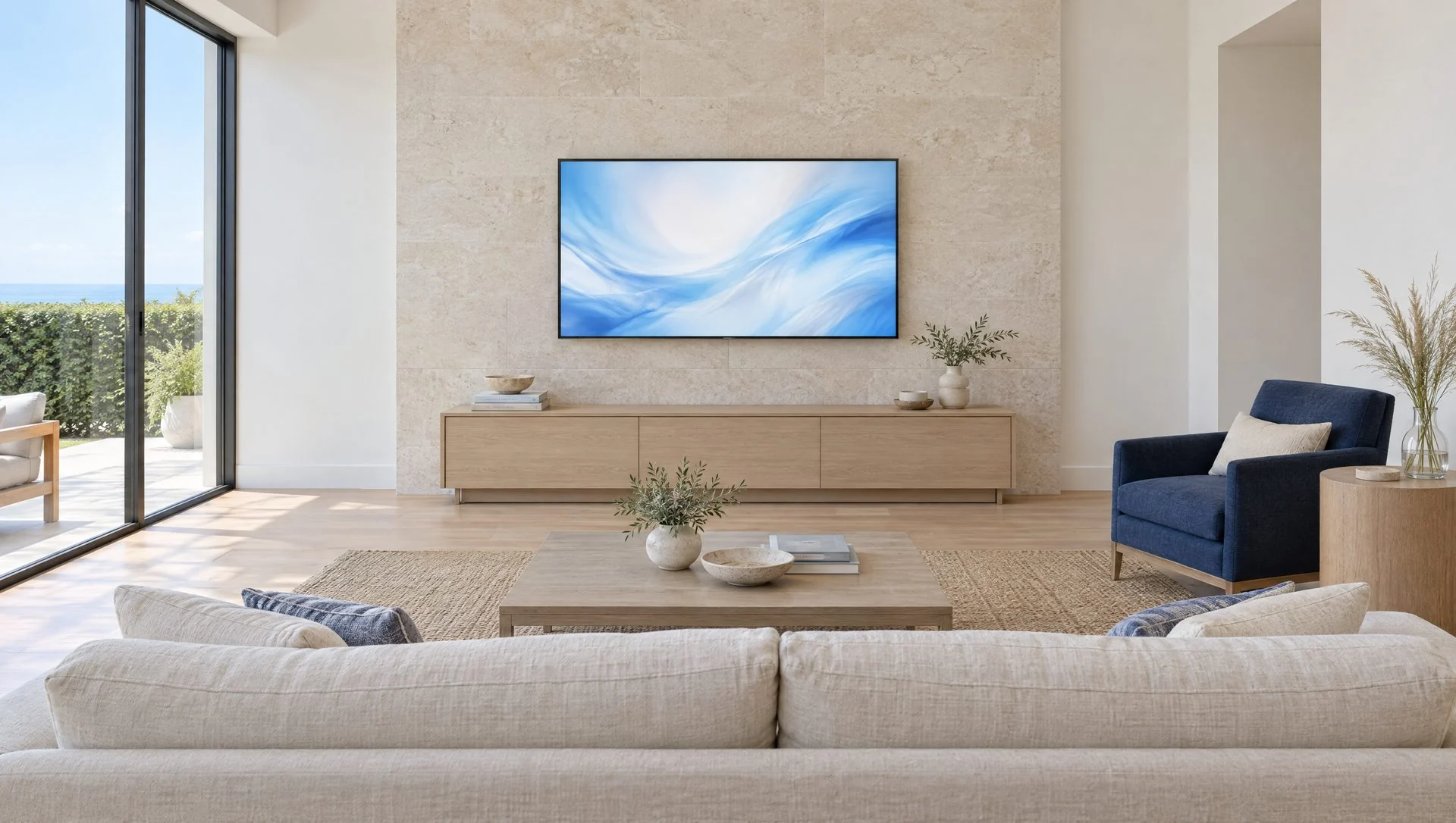 Illustration: a TV mounted on a pale stone feature wall in a calm, bright coastal living room with a linen sofa, a glass wall to a patio and soft daylight