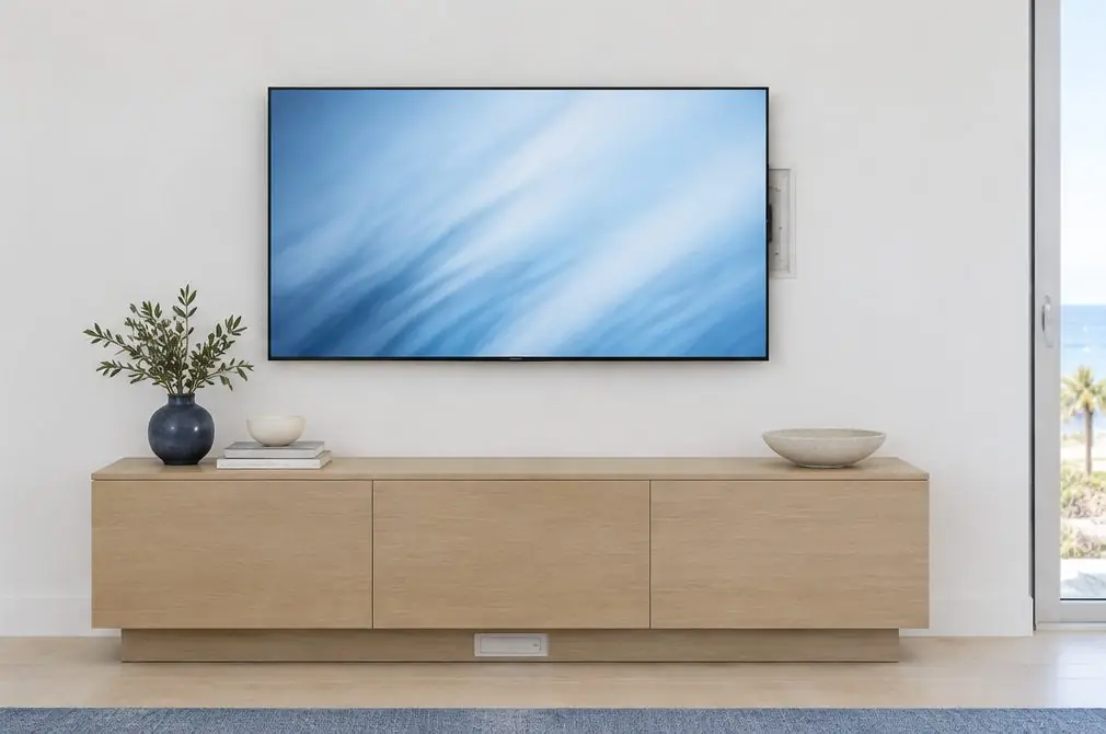 Illustration: a white wall with a TV mounted above a low cabinet, no visible cables and a small recessed plate at the bottom of the wall