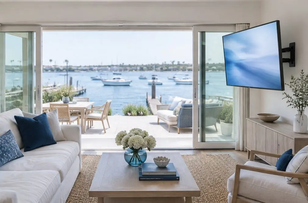 Illustration: a wall-mounted TV in a typical Lido Isle home
