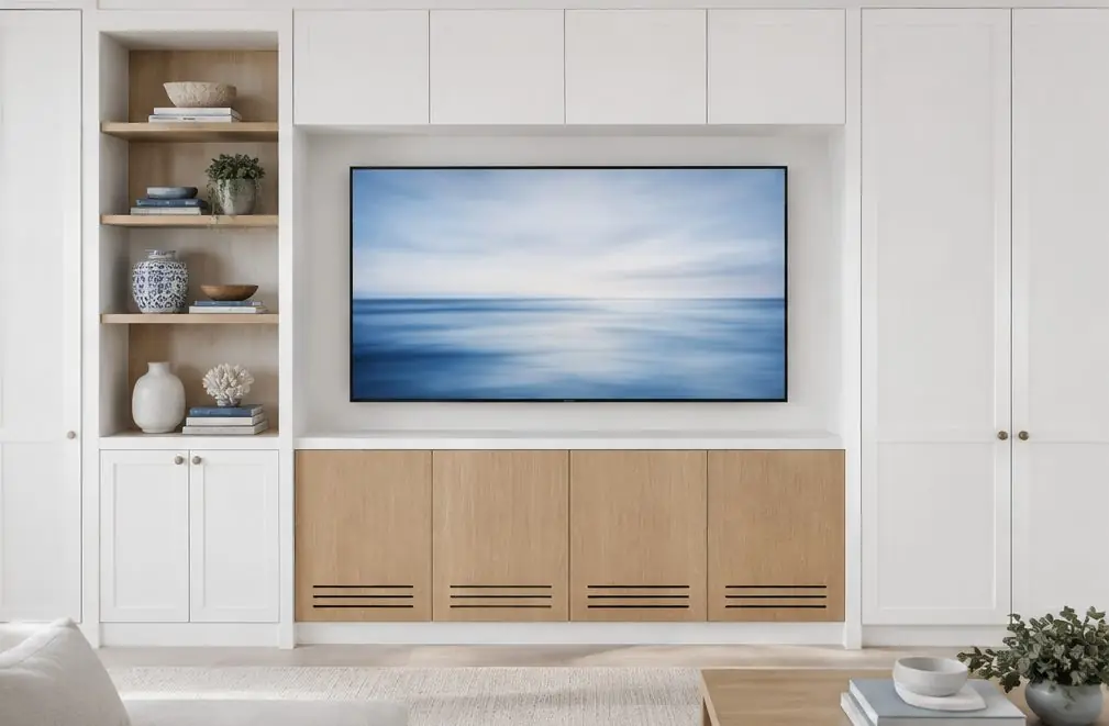Illustration: a built-in white media wall with a recessed TV niche, oak cabinets and a shelf of ceramics in a Newport Beach family room