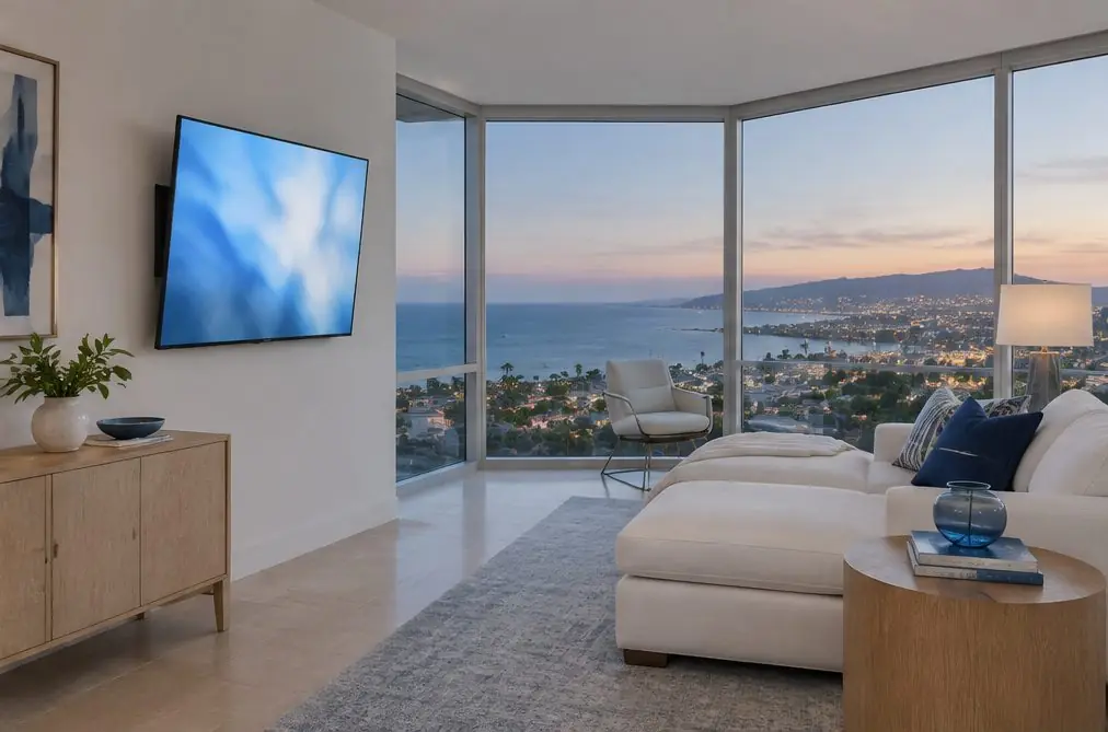 Illustration: a condo living room in a mid-rise tower with a TV on a pale partition wall and a floor-to-ceiling window at dusk