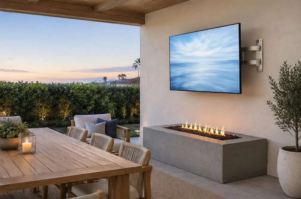 Illustration: an outdoor-rated TV on a stucco wall under a covered patio with a teak dining table, a gas fire table and a hedge