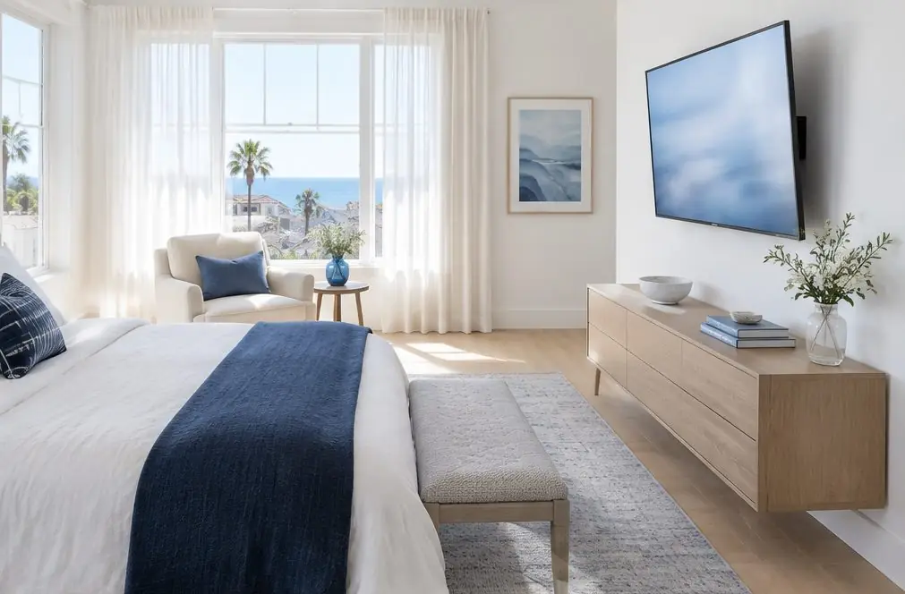Illustration: a TV on a slim tilting mount opposite a white-linen bed with a bench at its foot and a cream armchair by a window
