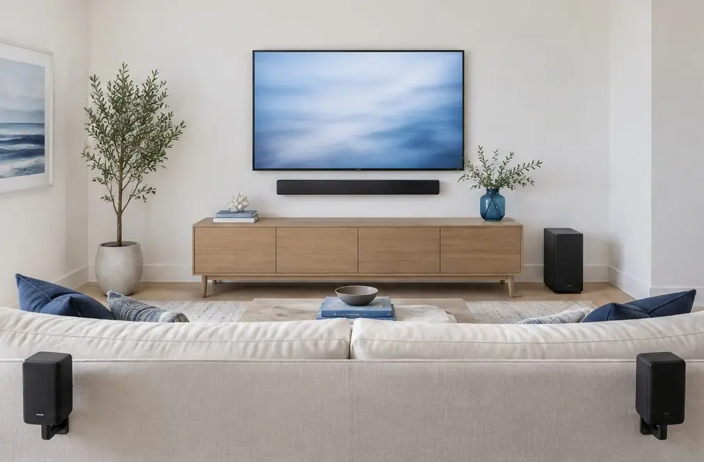 Illustration: a soundbar mounted just below a wall TV, a slim subwoofer beside an oak console and a pair of rear speakers on shelves in a light living room