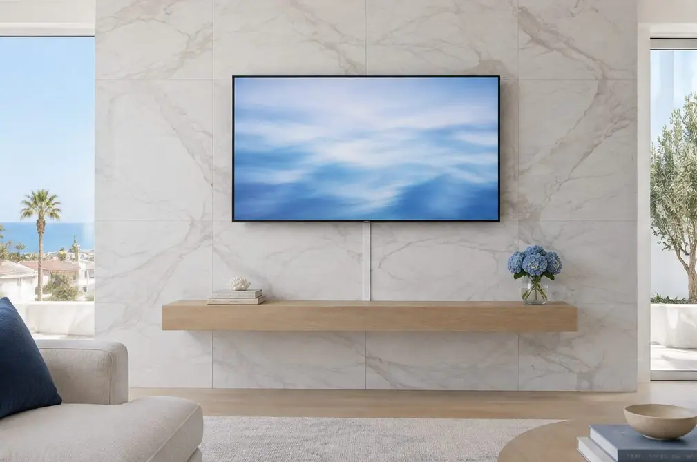 Illustration: a TV mounted on a large-format porcelain slab wall with fine grout lines and a floating oak shelf below, in a bright living room