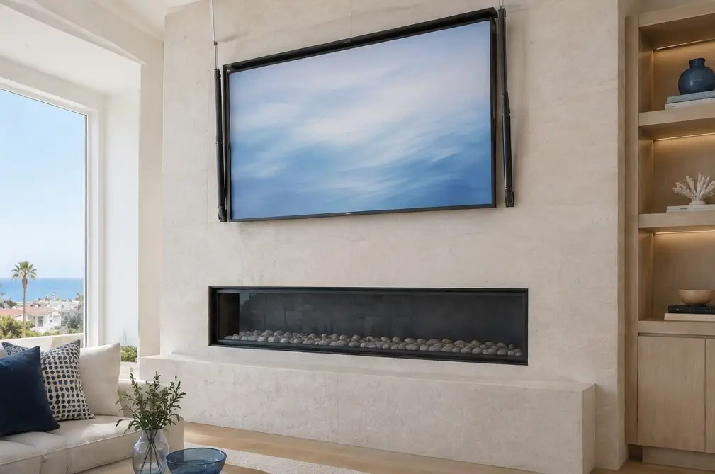 Illustration: a TV above a long linear gas fireplace with a pale stone surround, a pull-down arm visible at the side