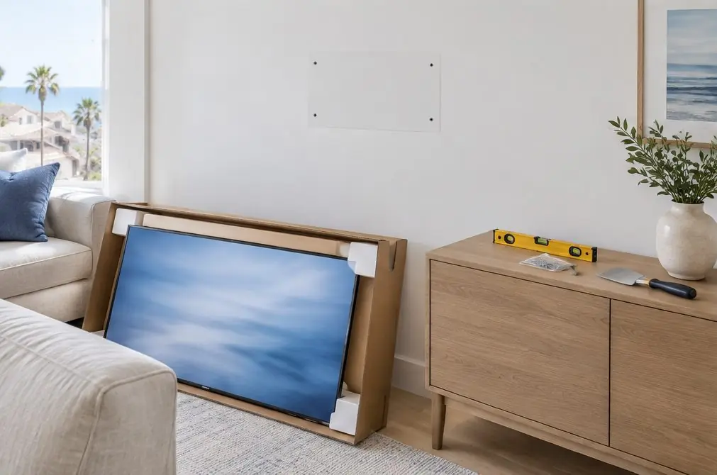 Illustration: a TV leaning in its box against a pale wall with a wall plate, a level and a small bag of screws on a sideboard