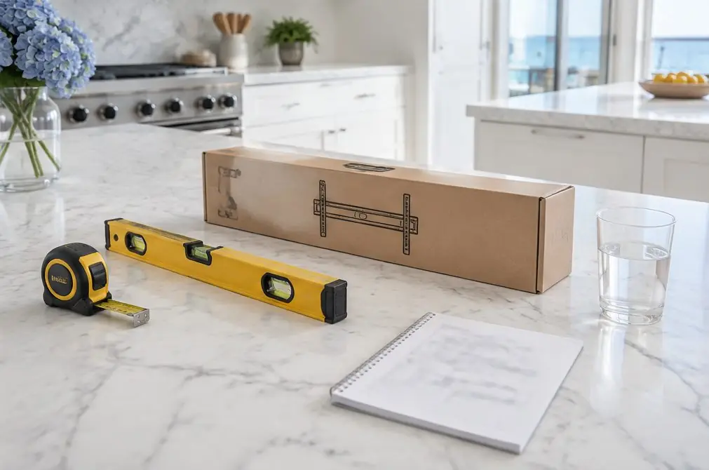 Illustration: a tape measure, a level, a boxed TV bracket and a notepad with blurred figures on a white marble counter in a bright Newport Beach kitchen