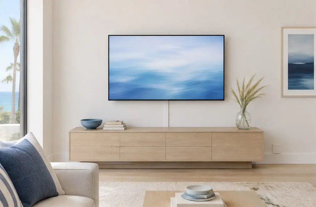Illustration: a 65-inch TV on a fixed wall mount above a pale oak console in a bright Newport Beach living room with linen sofas and a sea-glass vase