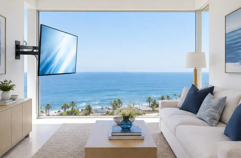 Illustration: a TV on a full-motion arm turned toward a sofa beside a floor-to-ceiling window with a bright ocean horizon in a Newport Coast living room