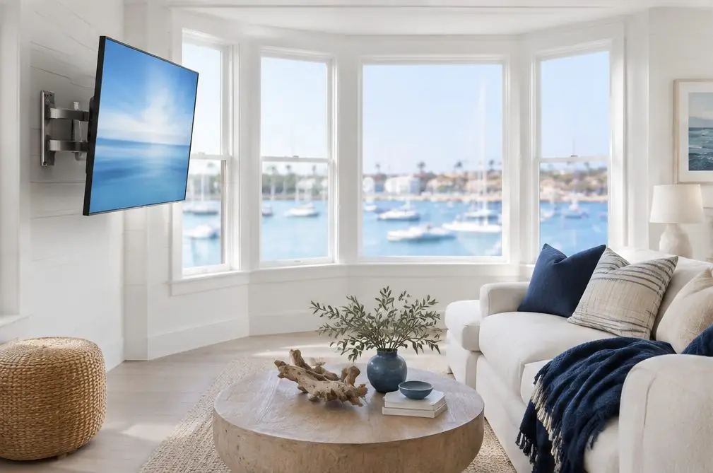 Illustration: a TV on a swing arm in a white bay-front cottage living room with a bay window, driftwood decor and a view of boats outside